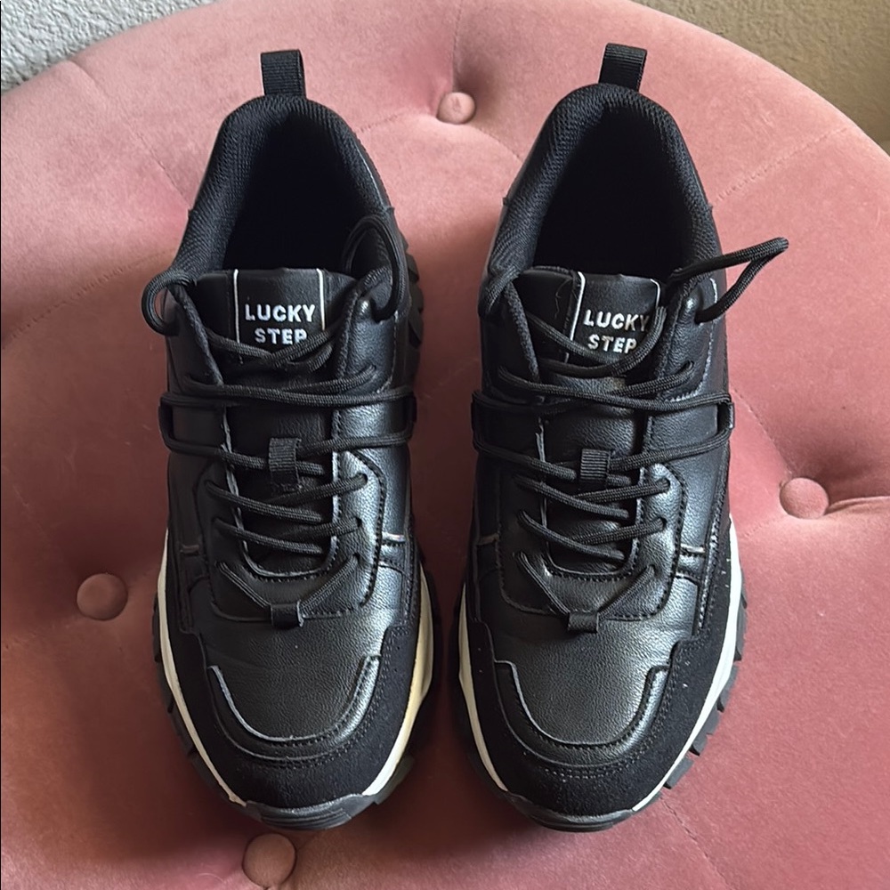 Lucky Step Black Chunky Lace-Up Sneakers